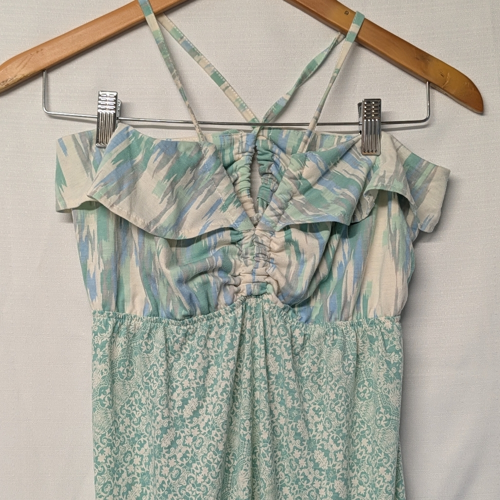 O'Neill Mint and Cream Patterned Maxi Dress with Ruching Size XL